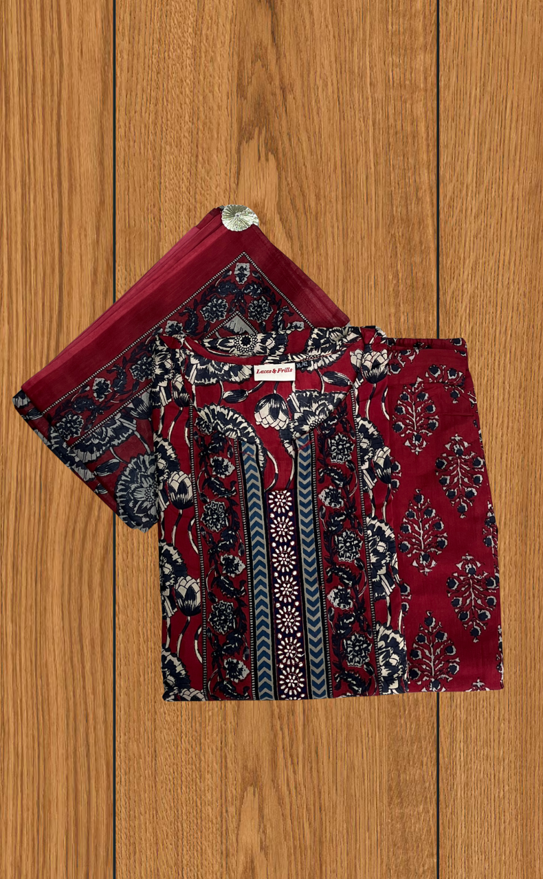 Maroon Ajrakh Print Jaipur Cotton Kurti With Pant And Dupatta Set. Pure Versatile Cotton. | Laces and Frills - Laces and Frills