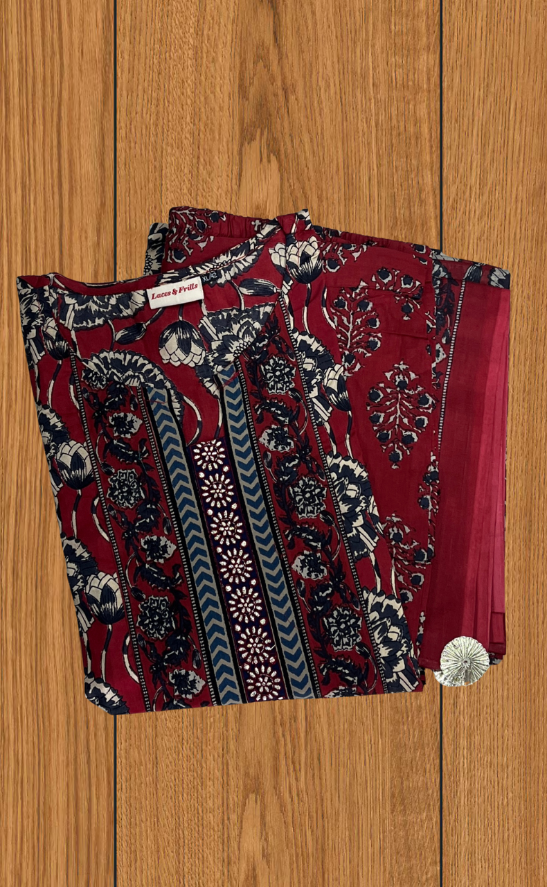 Maroon Ajrakh Print Jaipur Cotton Kurti With Pant And Dupatta Set. Pure Versatile Cotton. | Laces and Frills - Laces and Frills