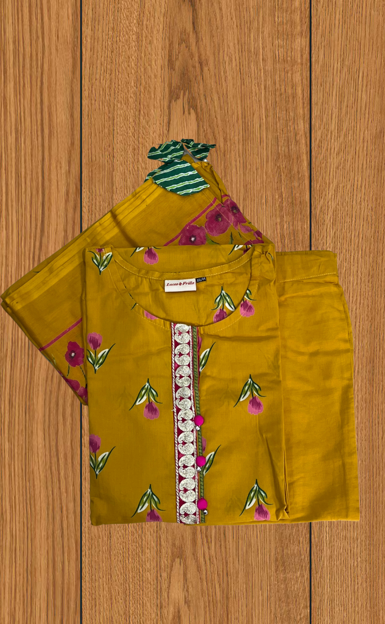 Yellow Floral Jaipur Cotton Kurti With Pant And Dupatta Set. Pure Versatile Cotton. | Laces and Frills - Laces and Frills