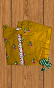 Yellow Floral Jaipur Cotton Kurti With Pant And Dupatta Set. Pure Versatile Cotton. | Laces and Frills - Laces and Frills