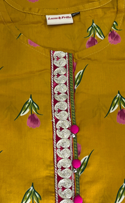 Yellow Floral Jaipur Cotton Kurti With Pant And Dupatta Set. Pure Versatile Cotton. | Laces and Frills - Laces and Frills