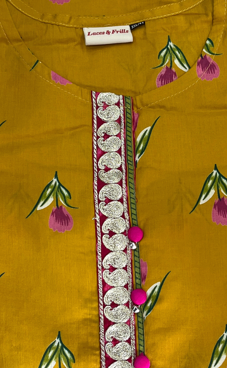 Yellow Floral Jaipur Cotton Kurti With Pant And Dupatta Set. Pure Versatile Cotton. | Laces and Frills - Laces and Frills