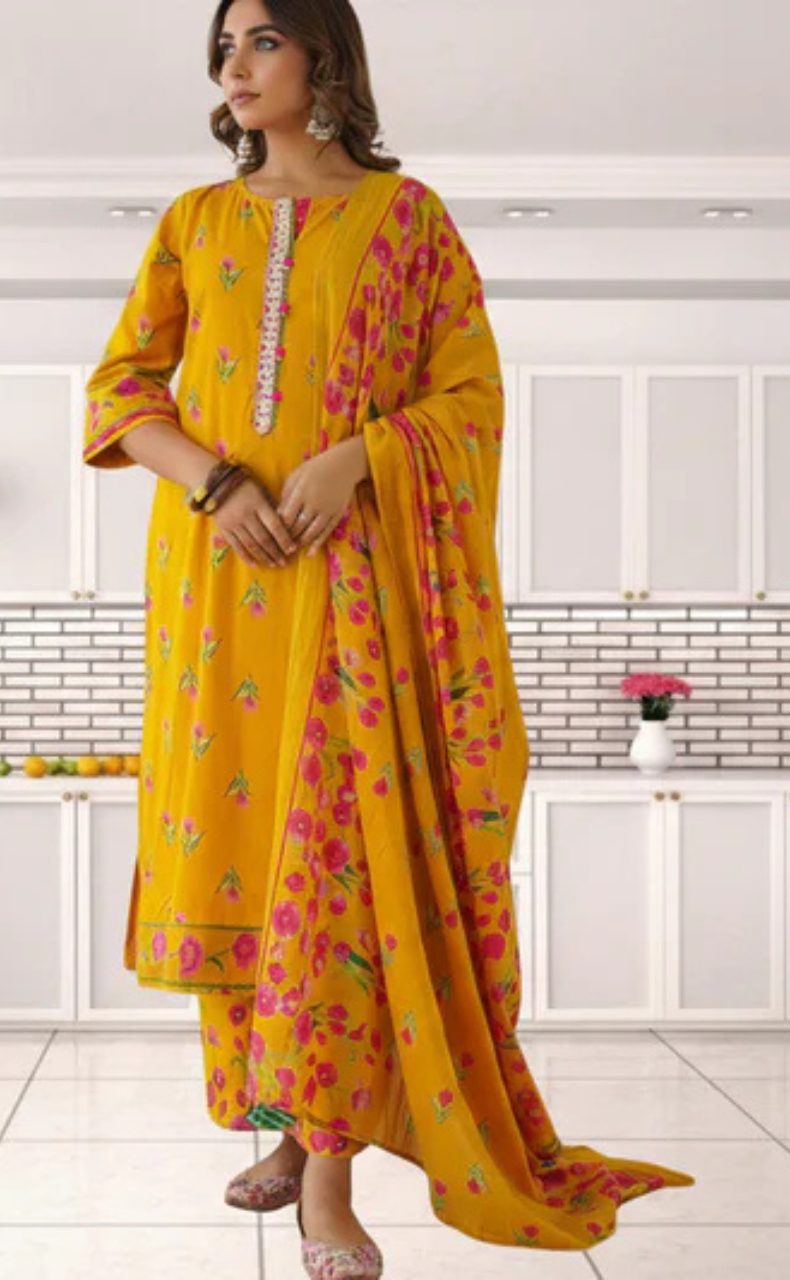 Yellow Floral Jaipur Cotton Kurti With Pant And Dupatta Set. Pure Versatile Cotton. | Laces and Frills