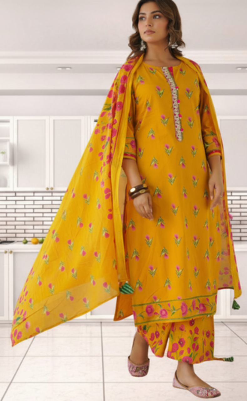 Yellow Floral Jaipur Cotton Kurti With Pant And Dupatta Set. Pure Versatile Cotton. | Laces and Frills