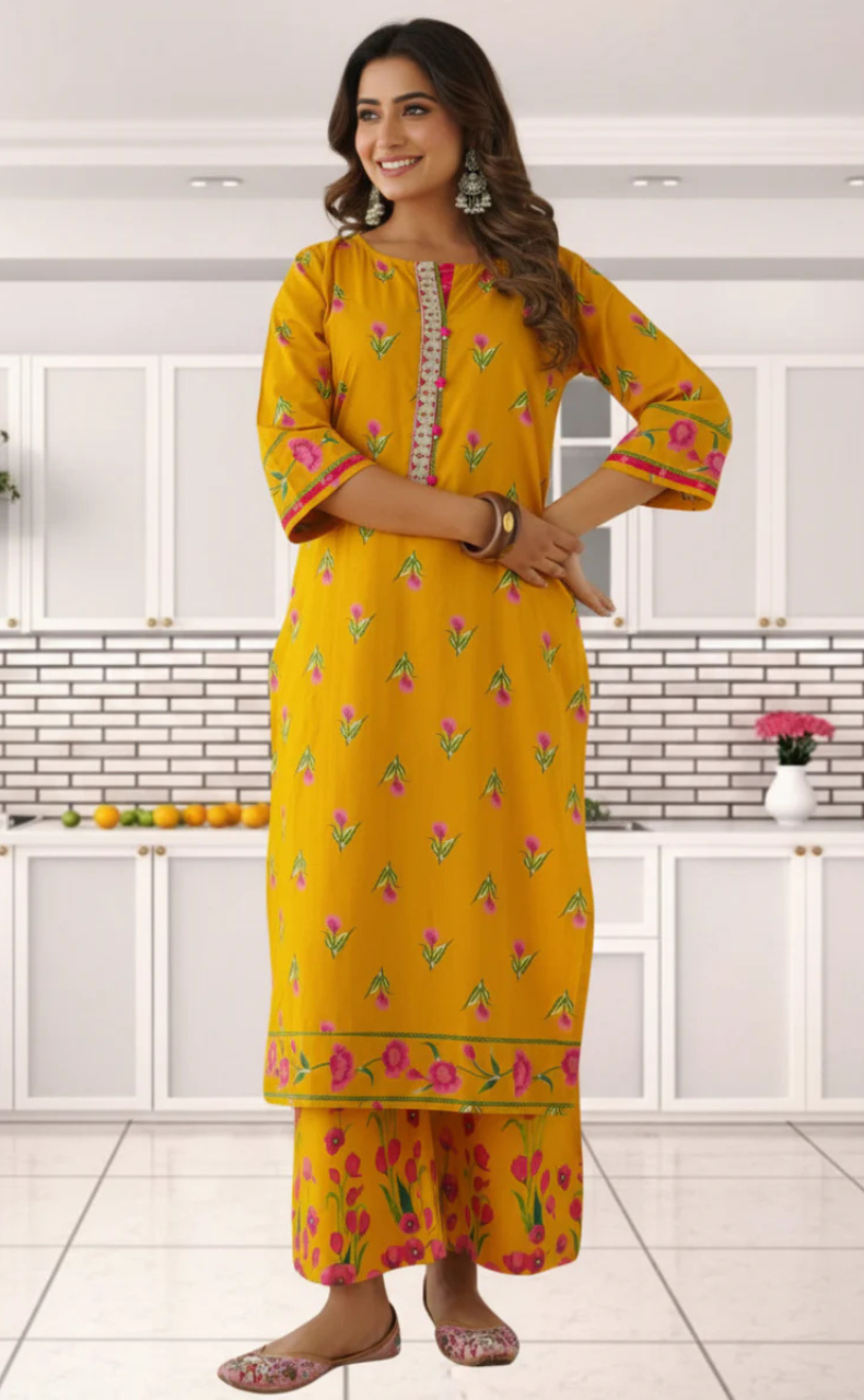 Yellow Floral Jaipur Cotton Kurti With Pant And Dupatta Set. Pure Versatile Cotton. | Laces and Frills