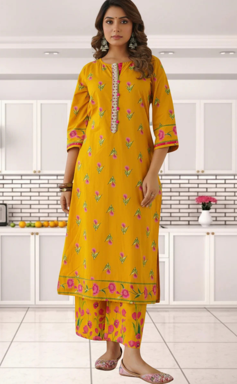 Yellow Floral Jaipur Cotton Kurti With Pant And Dupatta Set. Pure Versatile Cotton. | Laces and Frills
