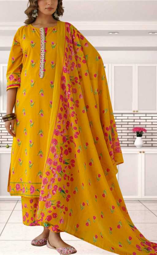 Yellow Floral Jaipur Cotton Kurti With Pant And Dupatta Set. Pure Versatile Cotton. | Laces and Frills - Laces and Frills