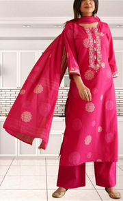 Rani Pink Floral Jaipur Cotton Kurti With Pant And Dupatta Set. Pure Versatile Cotton. | Laces and Frills - Laces and Frills