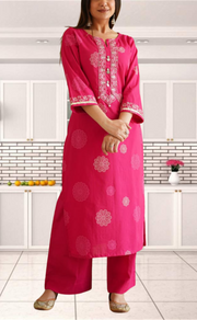 Rani Pink Floral Jaipur Cotton Kurti With Pant And Dupatta Set. Pure Versatile Cotton. | Laces and Frills - Laces and Frills