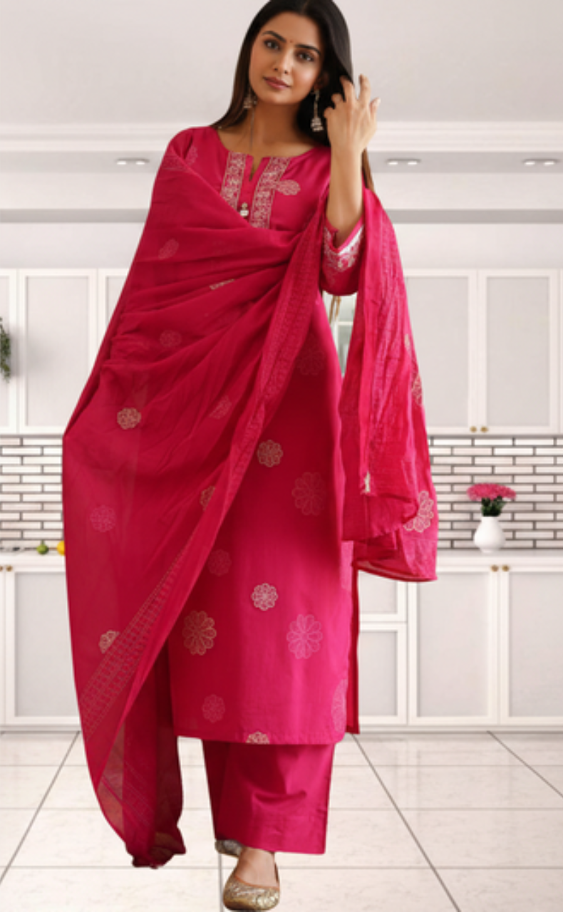 Rani Pink Floral Jaipur Cotton Kurti With Pant And Dupatta Set. Pure Versatile Cotton. | Laces and Frills