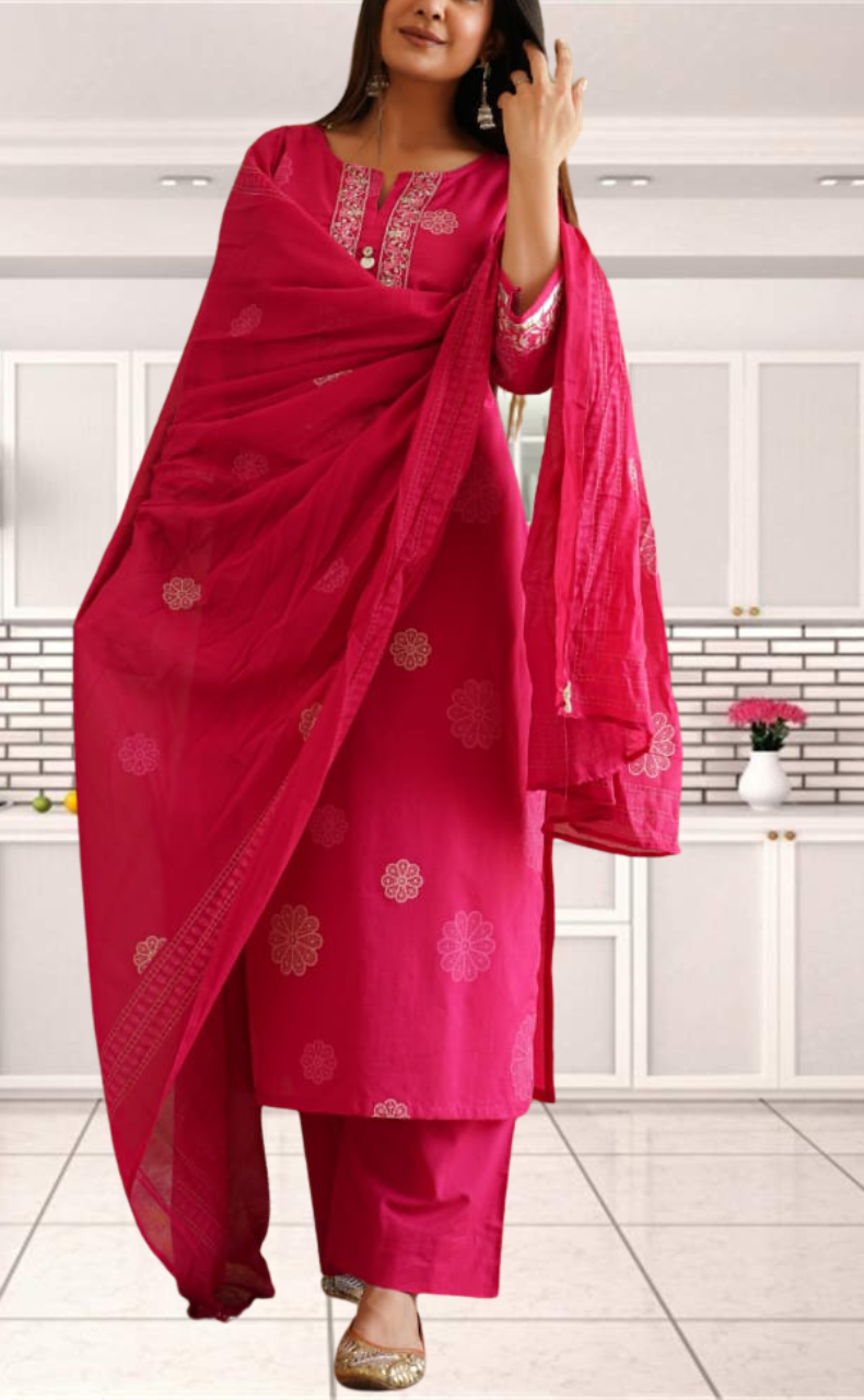 Rani Pink Floral Jaipur Cotton Kurti With Pant And Dupatta Set. Pure Versatile Cotton. | Laces and Frills - Laces and Frills