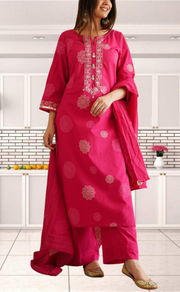Rani Pink Floral Jaipur Cotton Kurti With Pant And Dupatta Set. Pure Versatile Cotton. | Laces and Frills - Laces and Frills