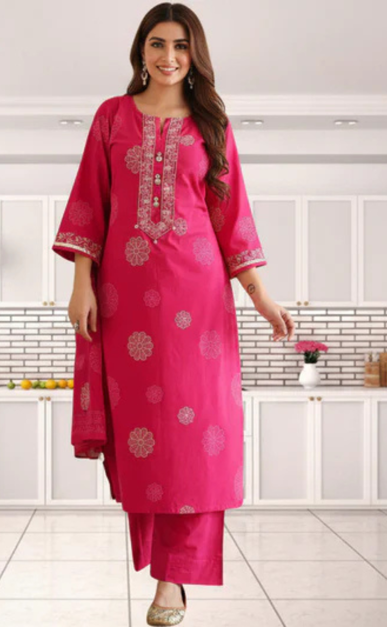 Rani Pink Floral Jaipur Cotton Kurti With Pant And Dupatta Set. Pure Versatile Cotton. | Laces and Frills
