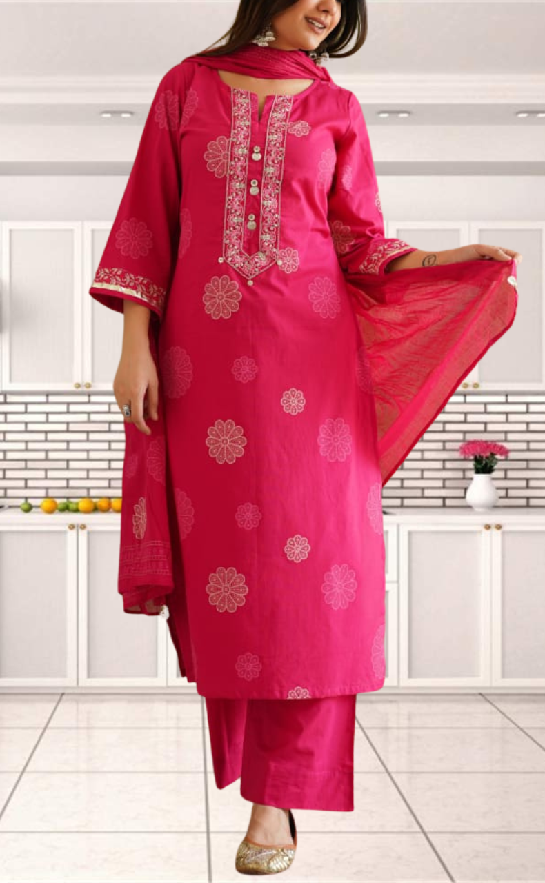 Rani Pink Floral Jaipur Cotton Kurti With Pant And Dupatta Set. Pure Versatile Cotton. | Laces and Frills - Laces and Frills