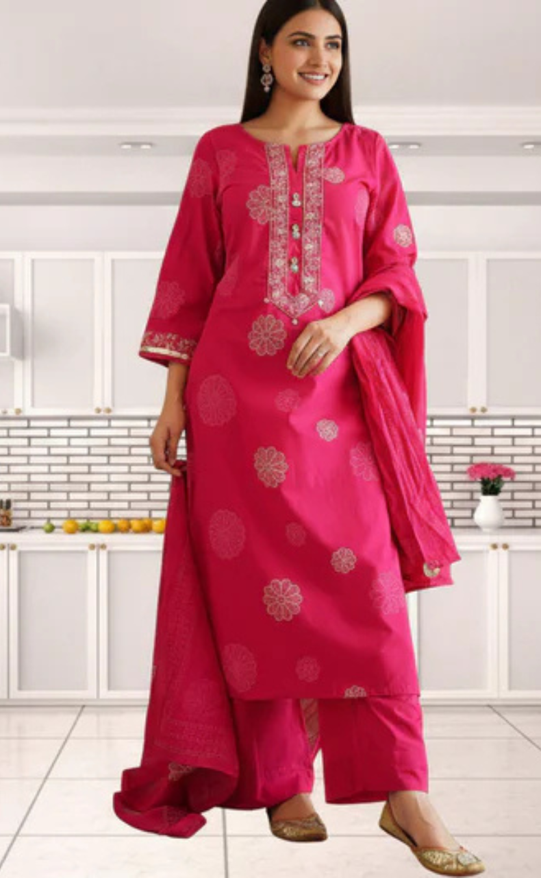 Rani Pink Floral Jaipur Cotton Kurti With Pant And Dupatta Set. Pure Versatile Cotton. | Laces and Frills