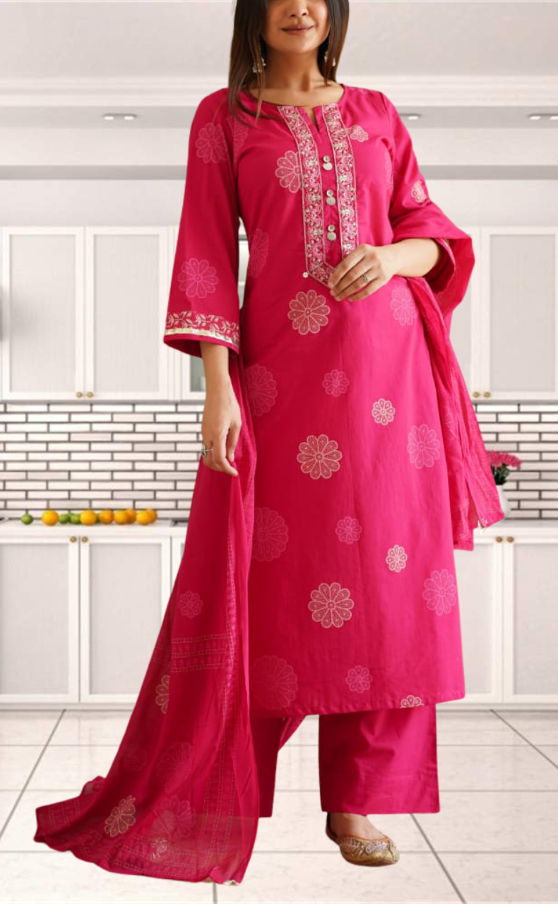 Rani Pink Floral Jaipur Cotton Kurti With Pant And Dupatta Set. Pure Versatile Cotton. | Laces and Frills - Laces and Frills
