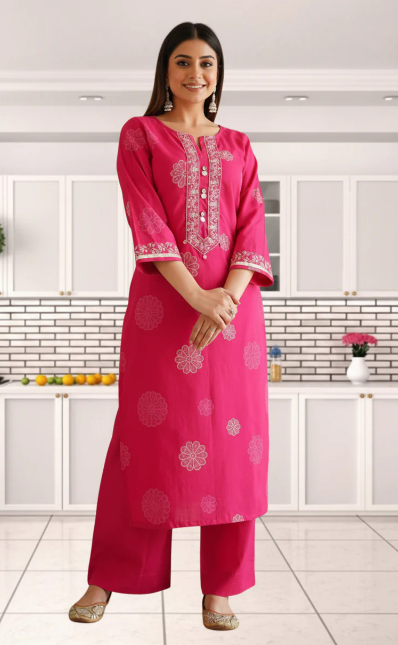 Rani Pink Floral Jaipur Cotton Kurti With Pant And Dupatta Set. Pure Versatile Cotton. | Laces and Frills