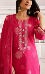Rani Pink Floral Jaipur Cotton Kurti With Pant And Dupatta Set. Pure Versatile Cotton. | Laces and Frills - Laces and Frills
