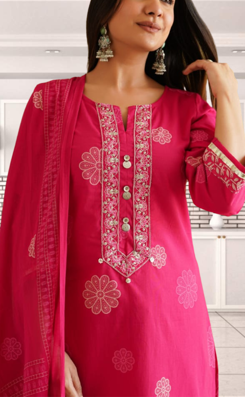 Rani Pink Floral Jaipur Cotton Kurti With Pant And Dupatta Set. Pure Versatile Cotton. | Laces and Frills - Laces and Frills