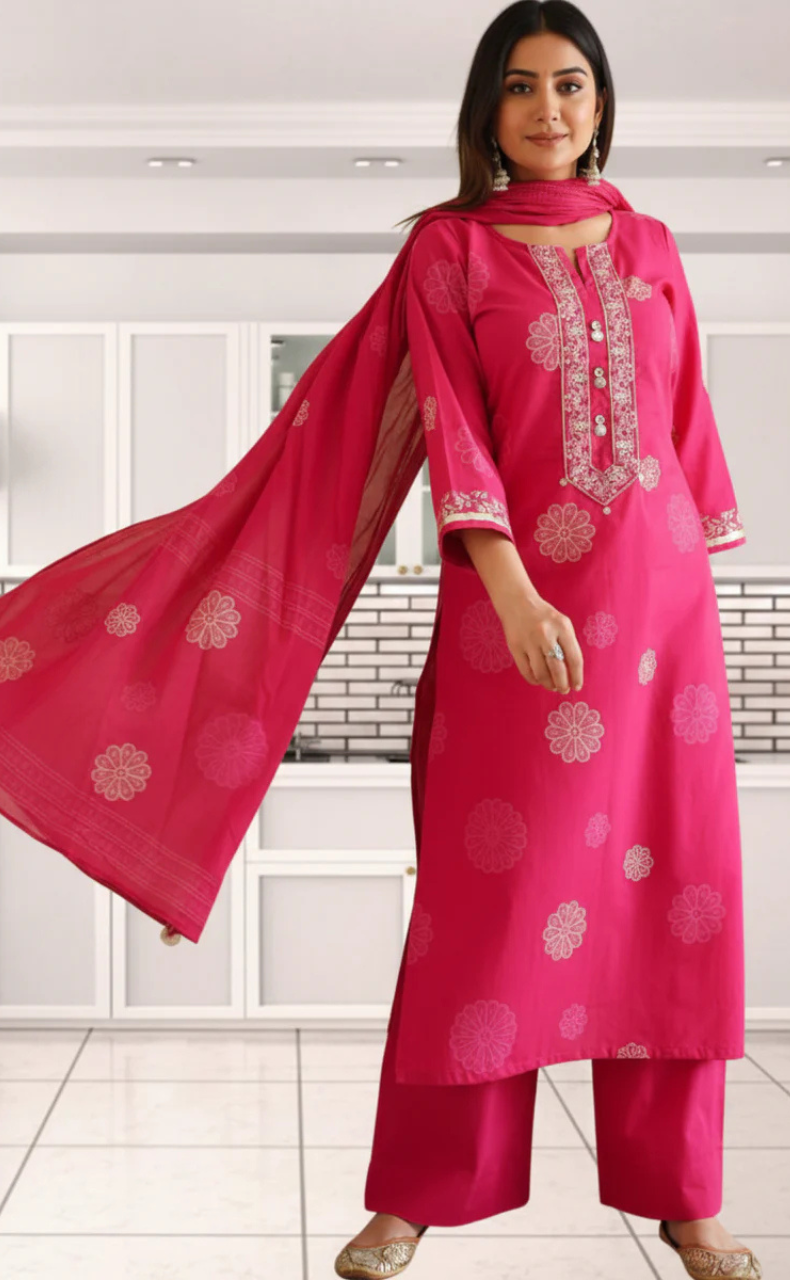 Rani Pink Floral Jaipur Cotton Kurti With Pant And Dupatta Set. Pure Versatile Cotton. | Laces and Frills