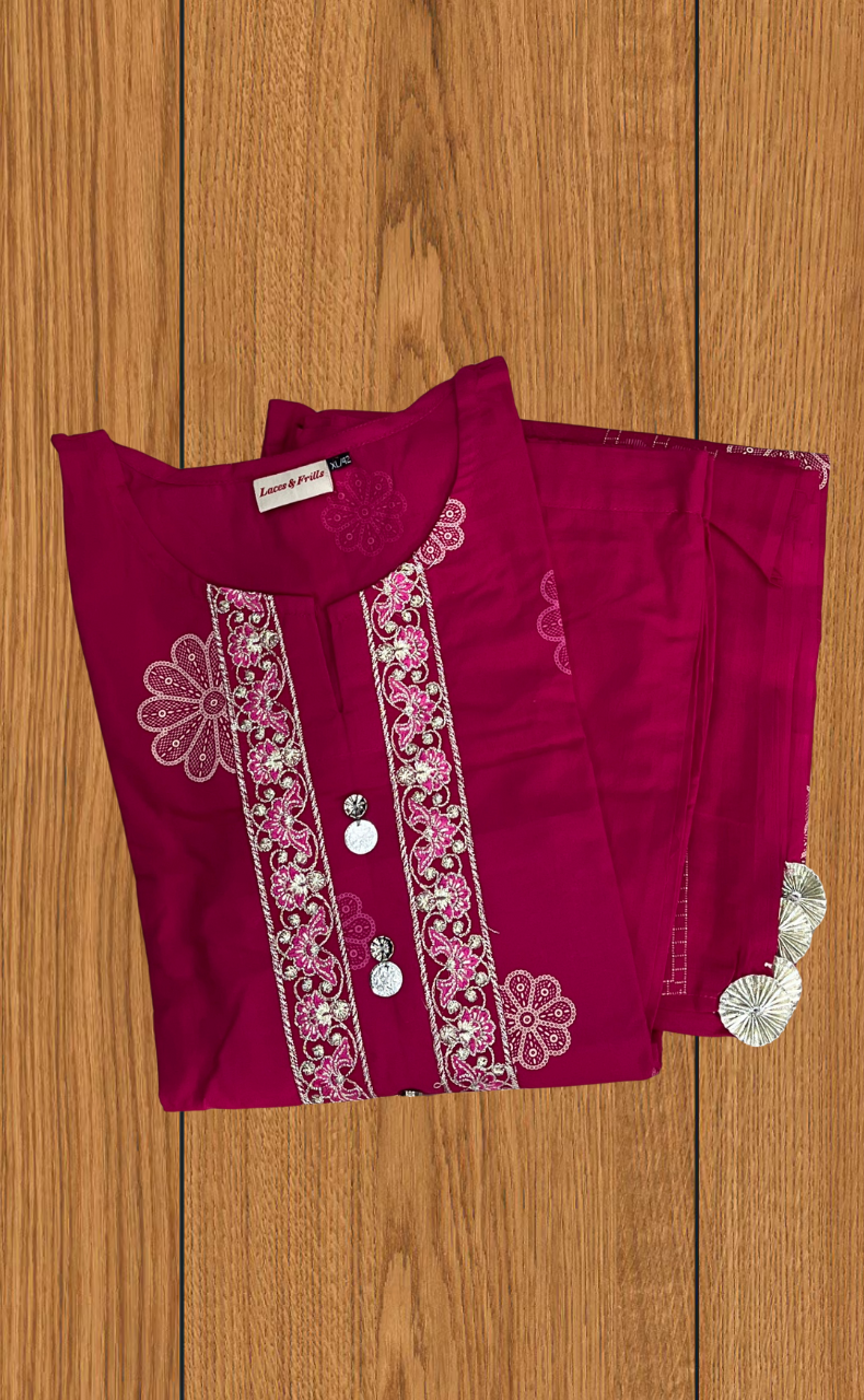Rani Pink Floral Jaipur Cotton Kurti With Pant And Dupatta Set. Pure Versatile Cotton. | Laces and Frills - Laces and Frills