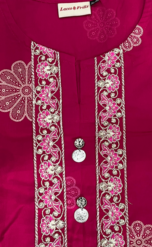 Rani Pink Floral Jaipur Cotton Kurti With Pant And Dupatta Set. Pure Versatile Cotton. | Laces and Frills - Laces and Frills