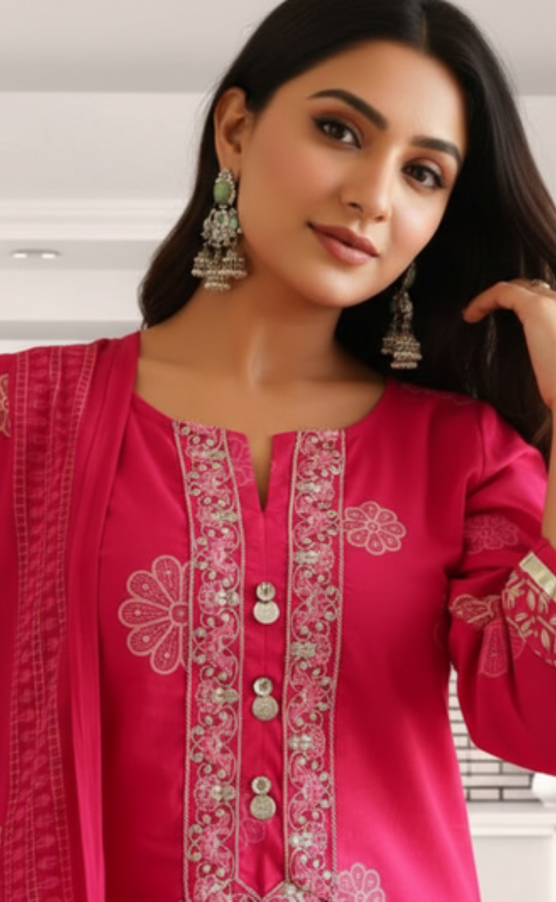 Rani Pink Floral Jaipur Cotton Kurti With Pant And Dupatta Set. Pure Versatile Cotton. | Laces and Frills