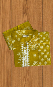 Yellow Floral Jaipur Cotton Kurti With Pant And Dupatta Set. Pure Versatile Cotton. | Laces and Frills - Laces and Frills