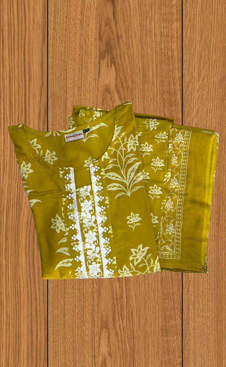 Yellow Floral Jaipur Cotton Kurti With Pant And Dupatta Set. Pure Versatile Cotton. | Laces and Frills - Laces and Frills