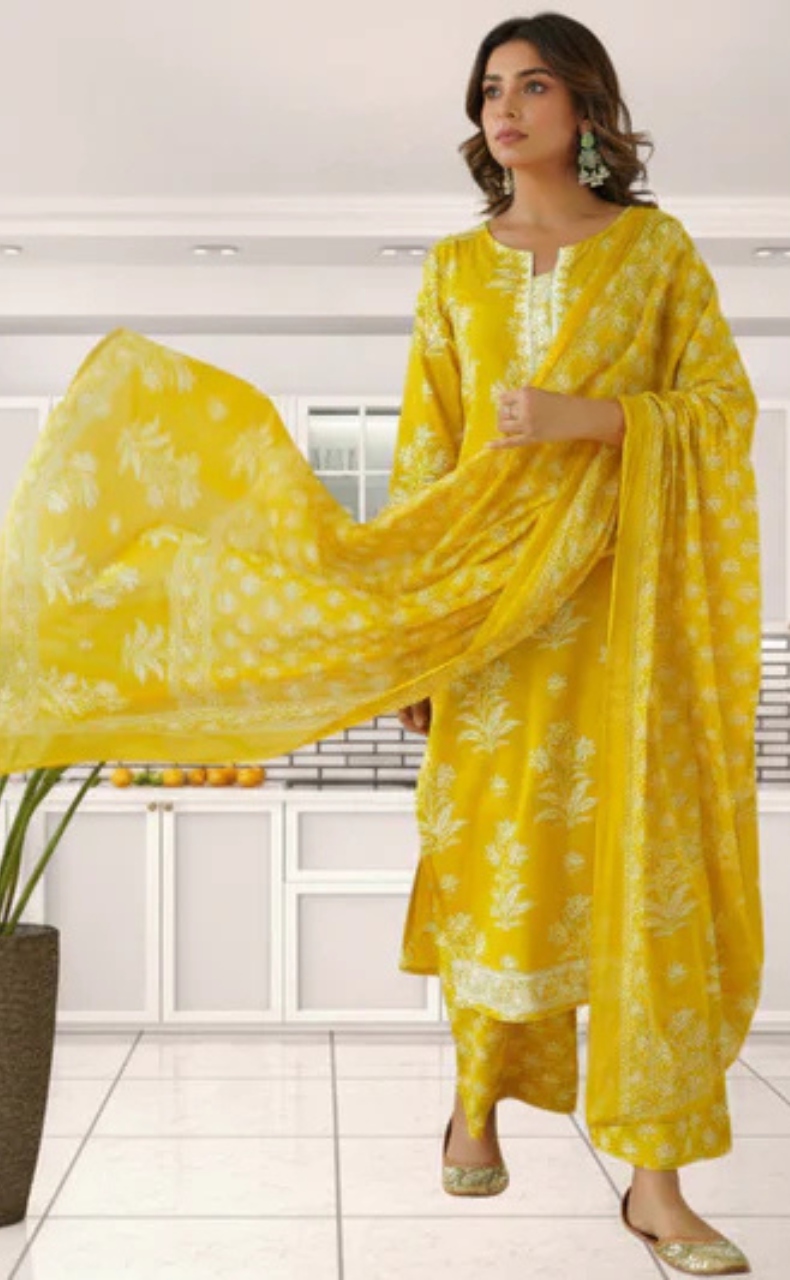 Yellow Floral Jaipur Cotton Kurti With Pant And Dupatta Set. Pure Versatile Cotton. | Laces and Frills