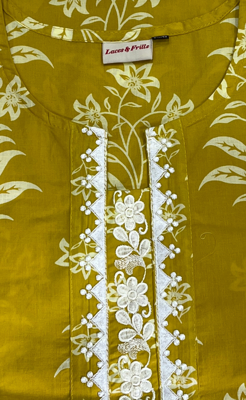 Yellow Floral Jaipur Cotton Kurti With Pant And Dupatta Set. Pure Versatile Cotton. | Laces and Frills - Laces and Frills