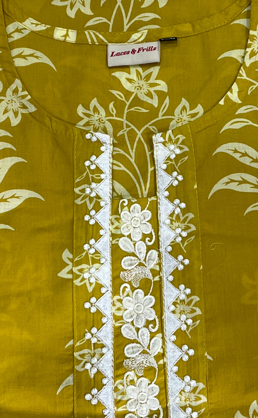 Yellow Floral Jaipur Cotton Kurti With Pant And Dupatta Set. Pure Versatile Cotton. | Laces and Frills - Laces and Frills