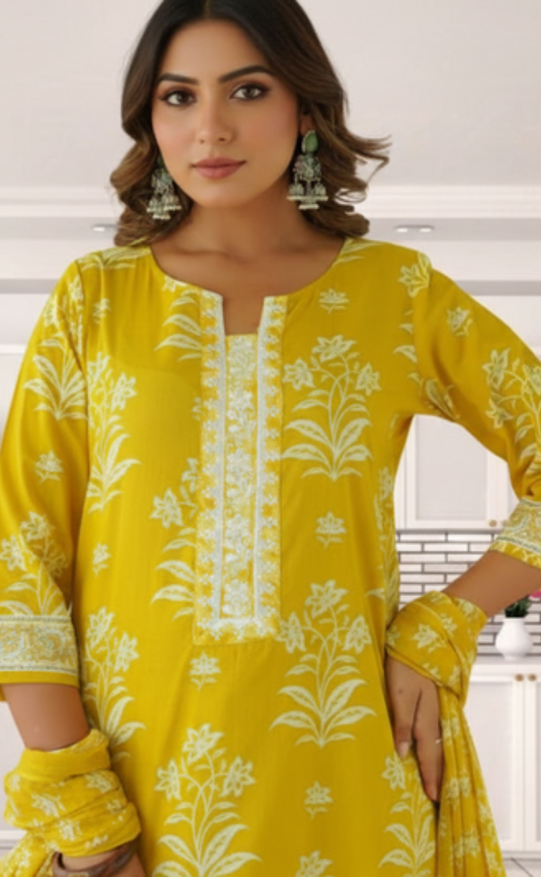 Yellow Floral Jaipur Cotton Kurti With Pant And Dupatta Set. Pure Versatile Cotton. | Laces and Frills