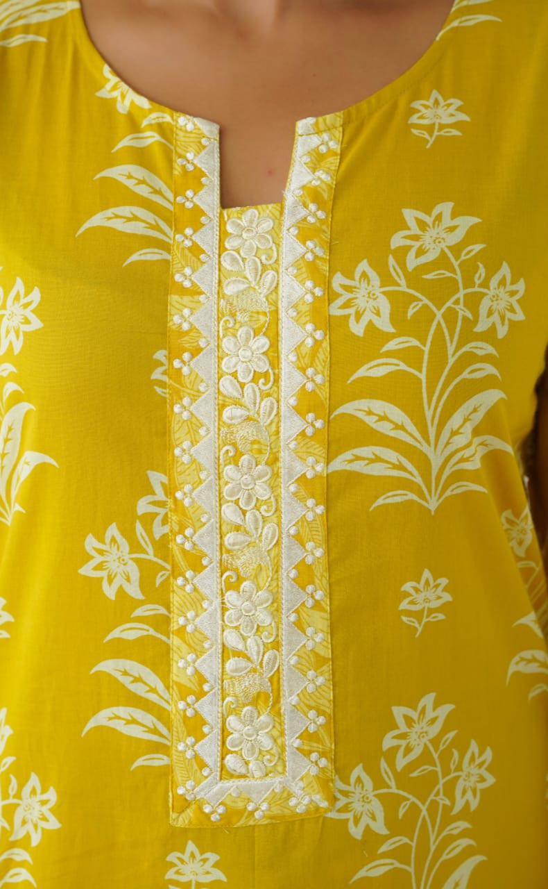Yellow Floral Jaipur Cotton Kurti With Pant And Dupatta Set. Pure Versatile Cotton. | Laces and Frills - Laces and Frills