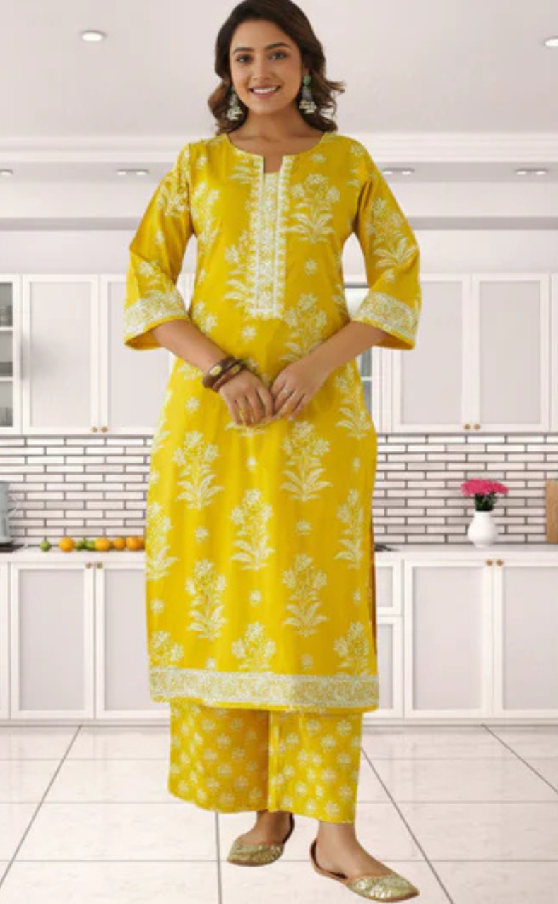 Yellow Floral Jaipur Cotton Kurti With Pant And Dupatta Set. Pure Versatile Cotton. | Laces and Frills