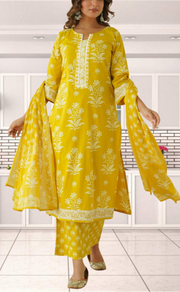 Yellow Floral Jaipur Cotton Kurti With Pant And Dupatta Set. Pure Versatile Cotton. | Laces and Frills - Laces and Frills