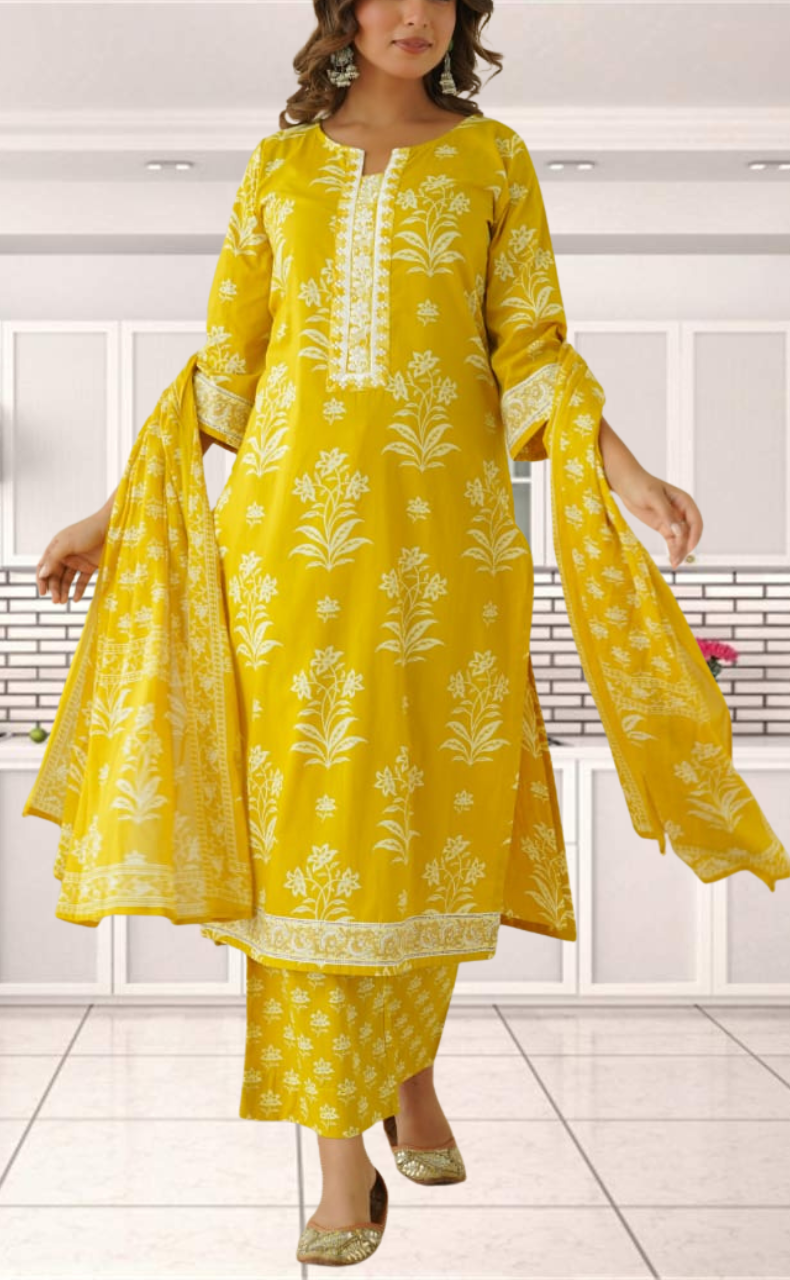 Yellow Floral Jaipur Cotton Kurti With Pant And Dupatta Set. Pure Versatile Cotton. | Laces and Frills - Laces and Frills