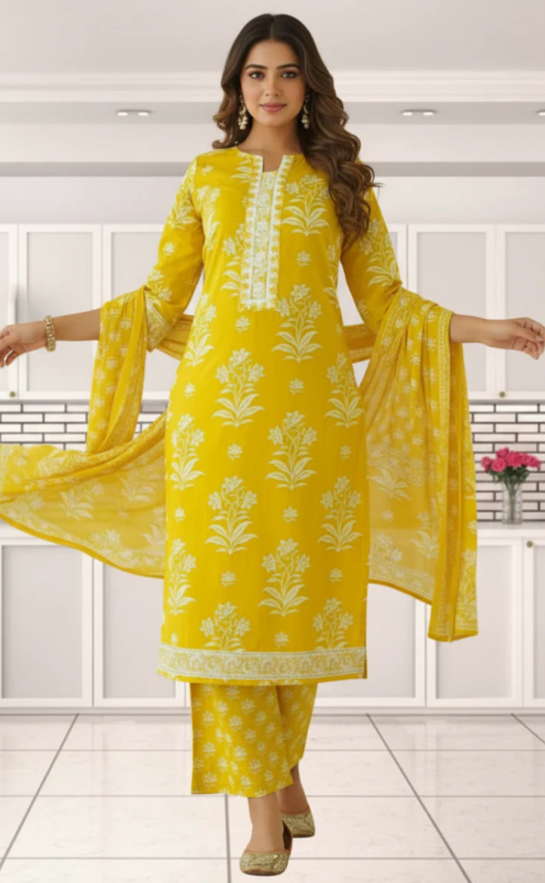 Yellow Floral Jaipur Cotton Kurti With Pant And Dupatta Set. Pure Versatile Cotton. | Laces and Frills