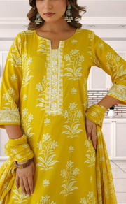 Yellow Floral Jaipur Cotton Kurti With Pant And Dupatta Set. Pure Versatile Cotton. | Laces and Frills - Laces and Frills