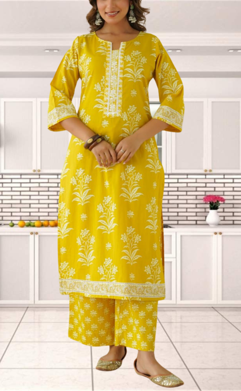 Yellow Floral Jaipur Cotton Kurti With Pant And Dupatta Set. Pure Versatile Cotton. | Laces and Frills - Laces and Frills