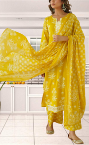 Yellow Floral Jaipur Cotton Kurti With Pant And Dupatta Set. Pure Versatile Cotton. | Laces and Frills - Laces and Frills