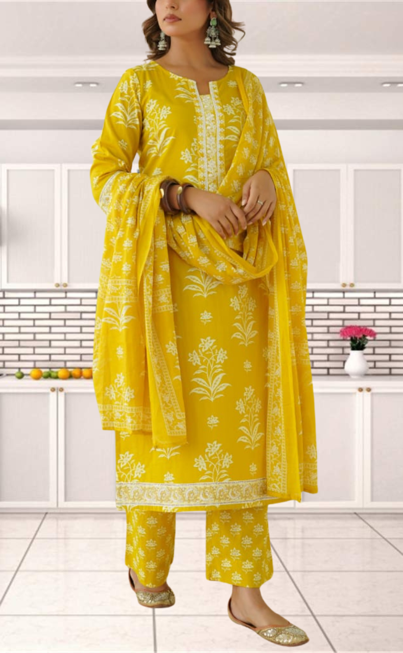 Yellow Floral Jaipur Cotton Kurti With Pant And Dupatta Set. Pure Versatile Cotton. | Laces and Frills - Laces and Frills