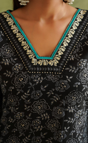 Black Garden Jaipur Cotton Kurti With Pant And Dupatta Set. Pure Versatile Cotton. | Laces and Frills - Laces and Frills