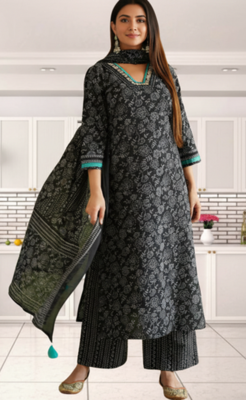 Black Garden Jaipur Cotton Kurti With Pant And Dupatta Set. Pure Versatile Cotton. | Laces and Frills
