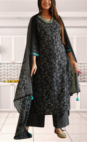 Black Garden Jaipur Cotton Kurti With Pant And Dupatta Set. Pure Versatile Cotton. | Laces and Frills - Laces and Frills