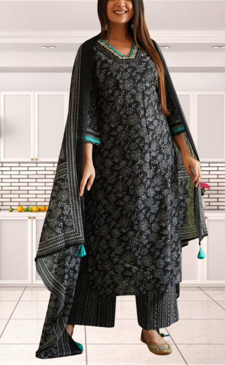 Black Garden Jaipur Cotton Kurti With Pant And Dupatta Set. Pure Versatile Cotton. | Laces and Frills - Laces and Frills