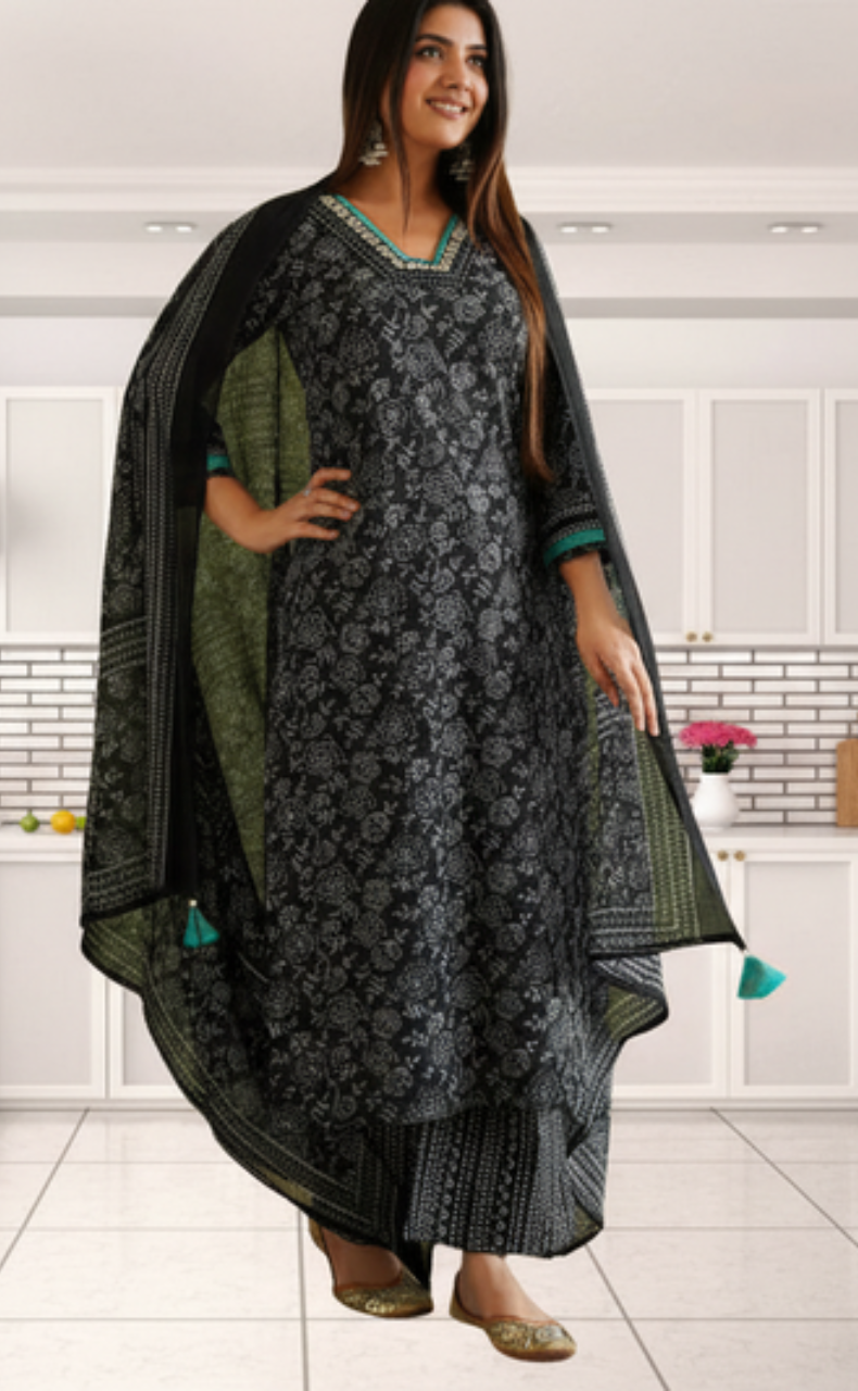 Black Garden Jaipur Cotton Kurti With Pant And Dupatta Set. Pure Versatile Cotton. | Laces and Frills