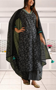 Black Garden Jaipur Cotton Kurti With Pant And Dupatta Set. Pure Versatile Cotton. | Laces and Frills - Laces and Frills