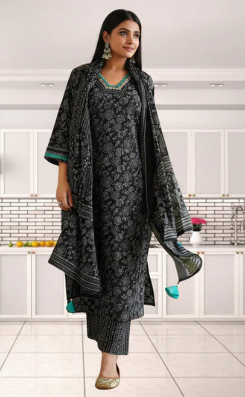 Black Garden Jaipur Cotton Kurti With Pant And Dupatta Set. Pure Versatile Cotton. | Laces and Frills