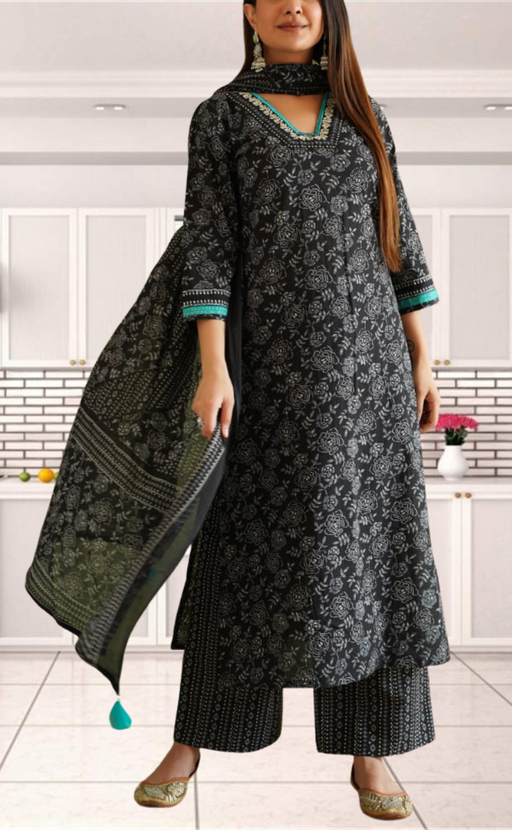 Black Garden Jaipur Cotton Kurti With Pant And Dupatta Set. Pure Versatile Cotton. | Laces and Frills - Laces and Frills